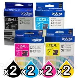 8 Pack Genuine Brother LC-139XL/LC-135XL High Yield Ink Combo [2BK+2C+2M+2Y]