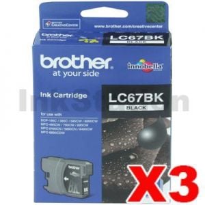 3 x Genuine Brother LC-67BK Black Ink Cartridges - 450 pages each