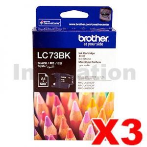 3 x Genuine Brother LC-73BK Black Ink Cartridge - 600 pages each