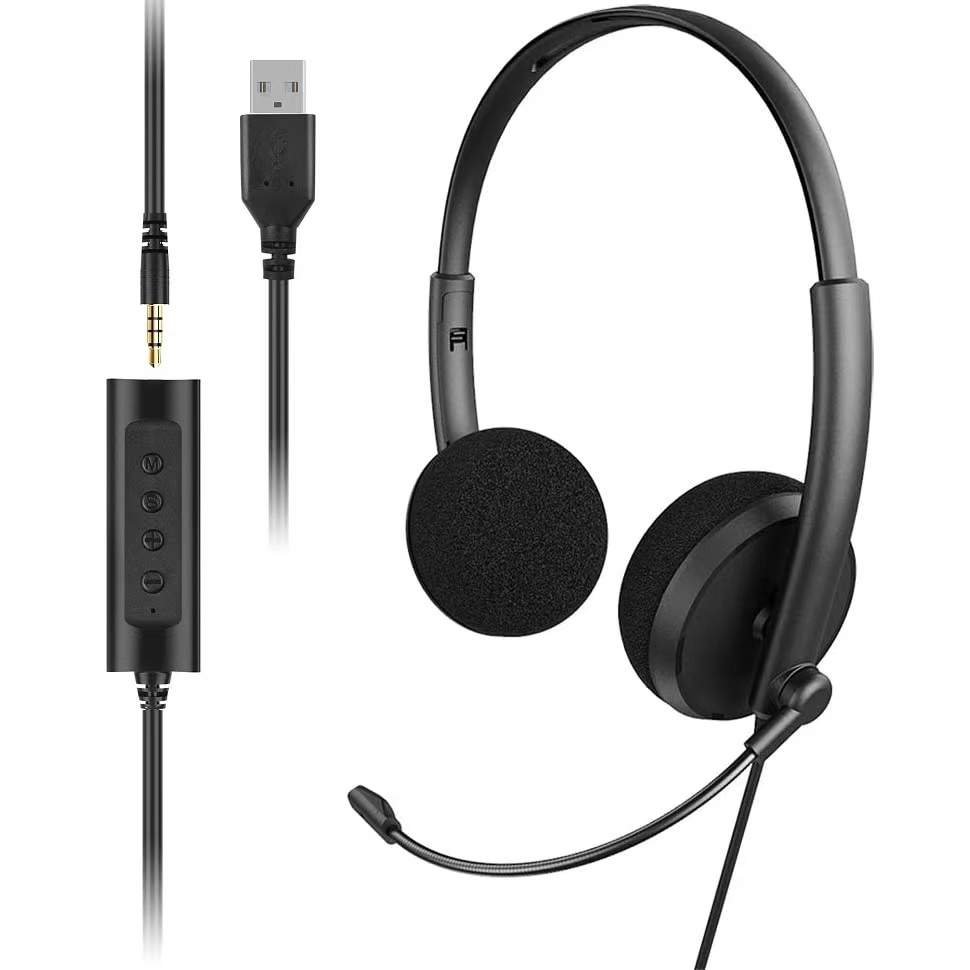 Office Computer Headset USB and 3.5mm with Built-in Microphone Black ...