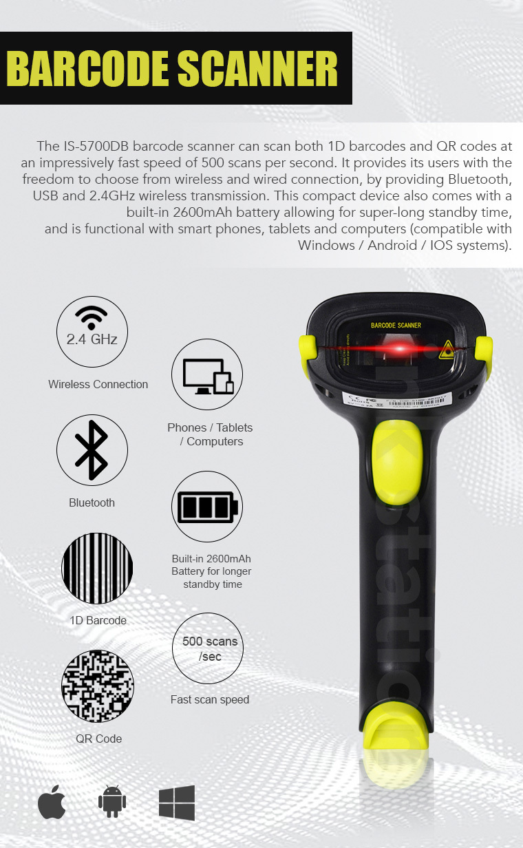 2D Bluetooth Wireless Barcode QR Code Scanner IS-5700DB (Yellow