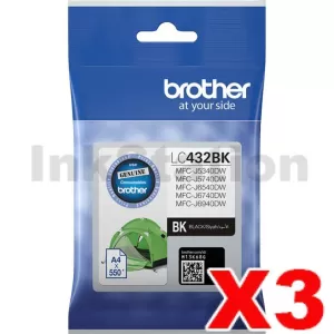 3 x Genuine Brother LC-432BK Black Ink Cartridge - 550 pages