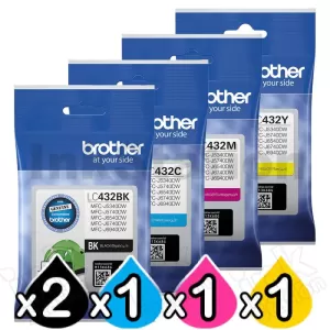 5 Pack Genuine Brother LC-432 Ink Cartridges Combo [2BK, 1C, 1M, 1Y]