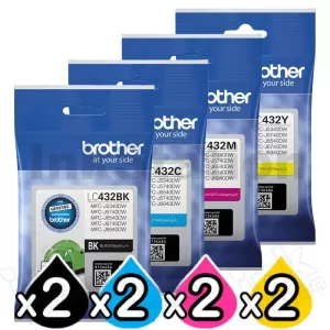 8 Pack Genuine Brother LC-432 Ink Cartridges Combo [2BK, 2C, 2M, 2Y]