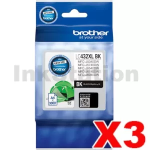 3 x Genuine Brother LC-432XLBK Black High Yield Ink Cartridge - 3,000 pages