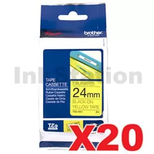20 x Genuine Brother TZe-651 24mm Black Text on Yellow Laminated Tape - 8 meters