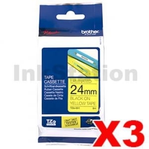 3 x Genuine Brother TZe-651 24mm Black Text on Yellow Laminated Tape - 8 meters