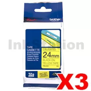 3 x Genuine Brother TZe-651 24mm Black Text on Yellow Laminated Tape - 8 meters