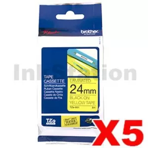 5 x Genuine Brother TZe-651 24mm Black Text on Yellow Laminated Tape - 8 meters