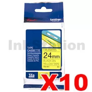 10 x Genuine Brother TZe-651 24mm Black Text on Yellow Laminated Tape - 8 meters