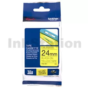Genuine Brother TZe-651 24mm Black Text on Yellow Laminated Tape - 8 meters