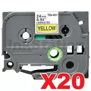 20 x Compatible Brother TZe-651 24mm Black Text on Yellow Laminated Tape - 8 meters