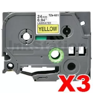 3 x Compatible Brother TZe-651 24mm Black Text on Yellow Laminated Tape - 8 meters
