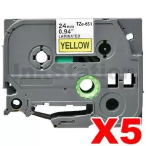 5 x Compatible Brother TZe-651 24mm Black Text on Yellow Laminated Tape - 8 meters
