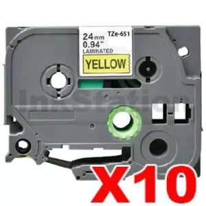 10 x Compatible Brother TZe-651 24mm Black Text on Yellow Laminated Tape - 8 meters