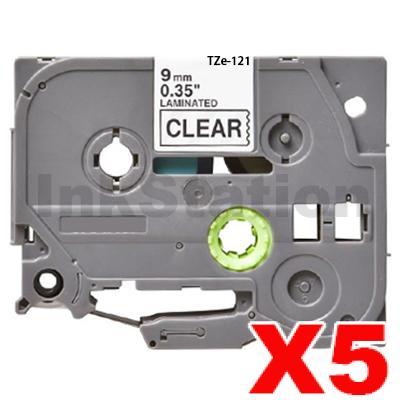 Brother 5 x TZe-121 Compatible 9mm Black Text on Clear Laminated Tape - 8 meters - P-Touch Tape 