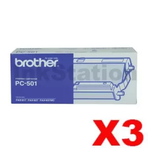 3 x Genuine Brother PC-501 A single, Pre-loaded, Thermal Printing Ribbon, Frame & Gears