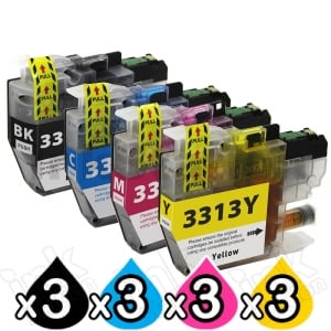 3 Sets of 4 Pack Compatible Brother LC-3313 Ink Cartridges Combo (High Yield of Brother LC-3311) [3BK, 3C, 3M, 3Y]
