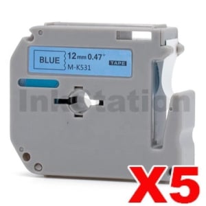 5 x Compatible Brother M-K531 12mm Black Text on Blue Tape - 8 meters