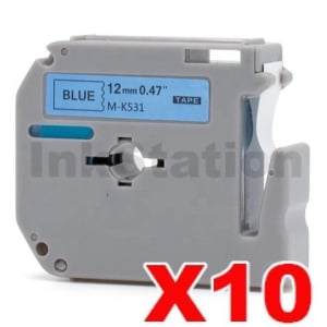 10 x Compatible Brother M-K531 12mm Black Text on Blue Tape - 8 meters