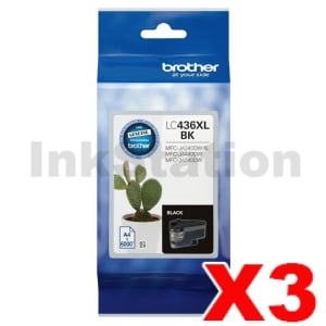 3 x Genuine Brother LC-436XLBK High Yield Black Ink Cartridge - 6,000 pages