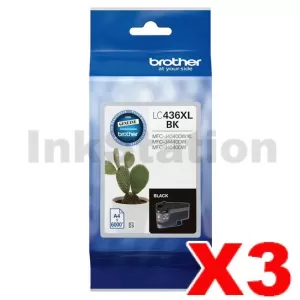 3 x Genuine Brother LC-436XLBK High Yield Black Ink Cartridge - 6,000 pages
