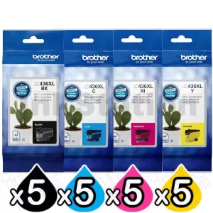20 Pack Genuine Brother LC-436XL High Yield Ink Cartridges Combo [5BK, 5C, 5M, 5Y]