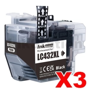 3 x Compatible Brother LC-432XLBK Black High Yield Ink Cartridge - 3,000 pages