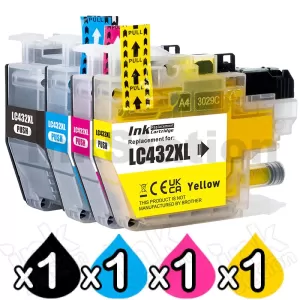 4 Pack Compatible Brother LC-432XL High Yield Ink Cartridges Combo [1BK, 1C, 1M, 1Y]