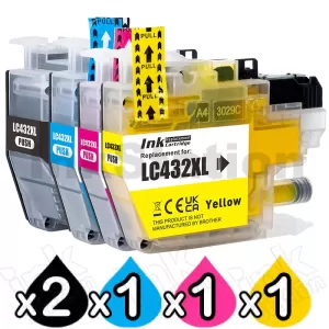 5 Pack Compatible Brother LC-432XL High Yield Ink Cartridges Combo [2BK, 1C, 1M, 1Y]