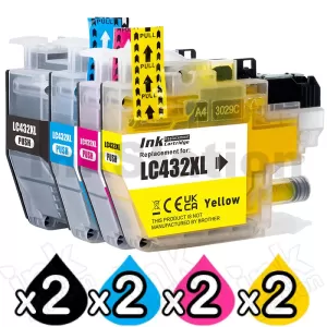 8 Pack Compatible Brother LC-432XL High Yield Ink Cartridges Combo [2BK, 2C, 2M, 2Y]