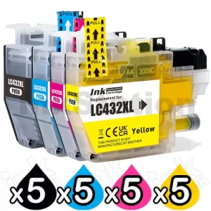 20 Pack Compatible Brother LC-432XL High Yield Ink Cartridges Combo [5BK, 5C, 5M, 5Y]