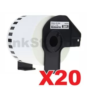 20 x Compatible Brother DK-44205 Removable Black Text on White Continuous Paper Label Roll 62mm x 30.48m
