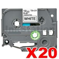 20 x Brother TZe-231 Compatible 12mm Black Text on White Tape - 8 meters