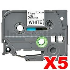 5 x Brother TZe-231 Compatible 12mm Black Text on White Tape - 8 meters