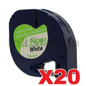 20 x Dymo SD91200 Compatible 12mm x 4m Black on White LetraTag Label Paper Tape