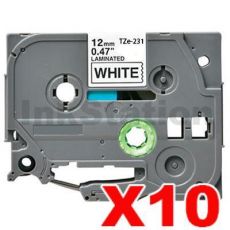 10 x Brother TZe-231 Compatible 12mm Black Text on White Tape - 8 meters