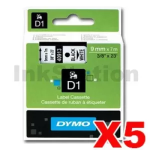 5 x Dymo SD40913 / S0720680 Genuine 9mm Black Text on White Label Cassette - 7 meters