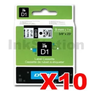 10 x Dymo SD40913 / S0720680 Genuine 9mm Black Text on White Label Cassette - 7 meters