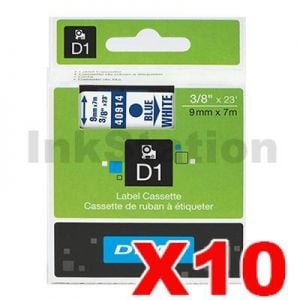 10 x Dymo SD40914 / S0720690 Genuine 9mm Blue Text on White Label Cassette - 7 meters