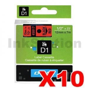 10 x Dymo SD45017 / S0720570 Genuine 12mm Black Text on Red Label Cassette - 7 meters