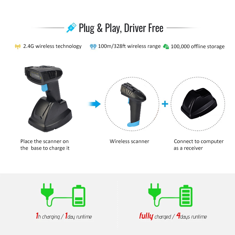 Wireless 2D Barcode Scanner with Builtin Battery 100,000 Barcodes