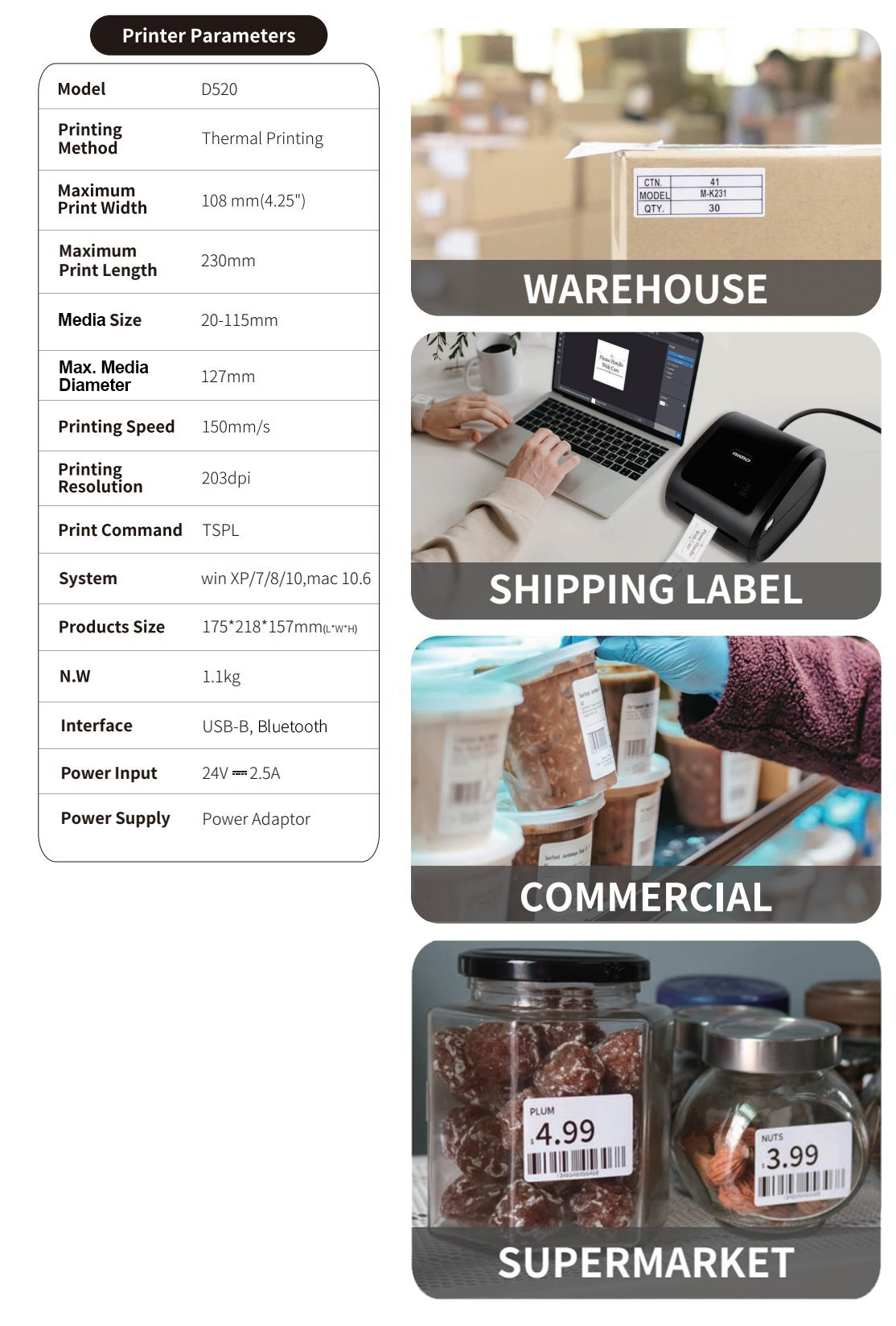 Direct Thermal Label Printer with Bluetooth for Shipping Labels