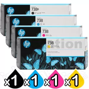 4 Pack HP 738B 738 Genuine 300ML DesignJet Ink Cartridges Combo 498P6A, 676M6A-676M8A [1BK,1C,1M,1Y]