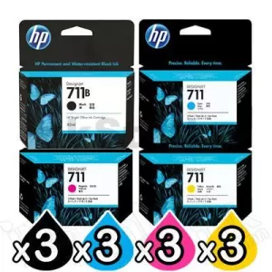12 Pack HP 711 Genuine Inkjet Cartridges 3WX01A / CZ133A, CZ134A - CZ136A [3BK,3C,3M,3Y]