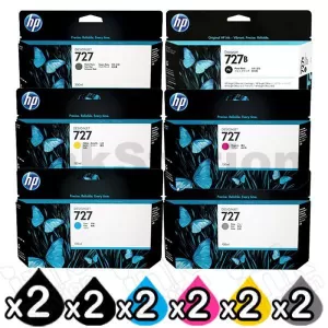 2 Sets of 6 Pack HP 727 / 727B Genuine Inkjet Cartridges 3WX19A, 3WX14A, 3WX15A, B3P19A - B3P21A [2MB,2PB,2C,2M,2Y,2GR]