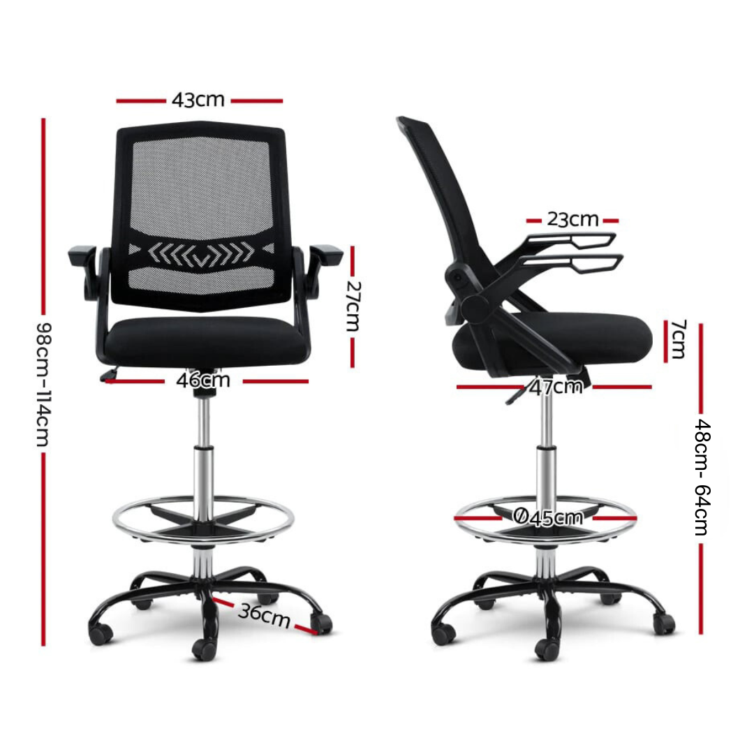 Office Chair Drafting Stool with Mesh & Flip Up Armrest Black