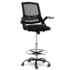 Office Chair Drafting Stool with Mesh & Flip Up Armrest - Black