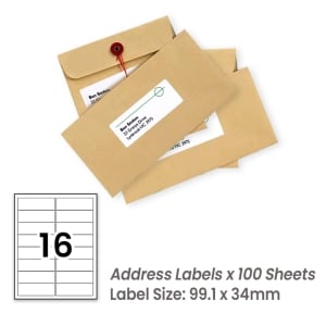 100 Sheets A4 White Self Adhesive Paper Address Mailing Laser Inkjet Sticker Labels 99.1 x 34mm - 16 Labels Per Sheet