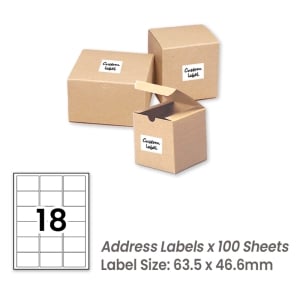 100 Sheets A4 White Self Adhesive Paper Address Mailing Laser Inkjet Sticker Labels 63.5 x 46.6mm - 18 Labels Per Sheet